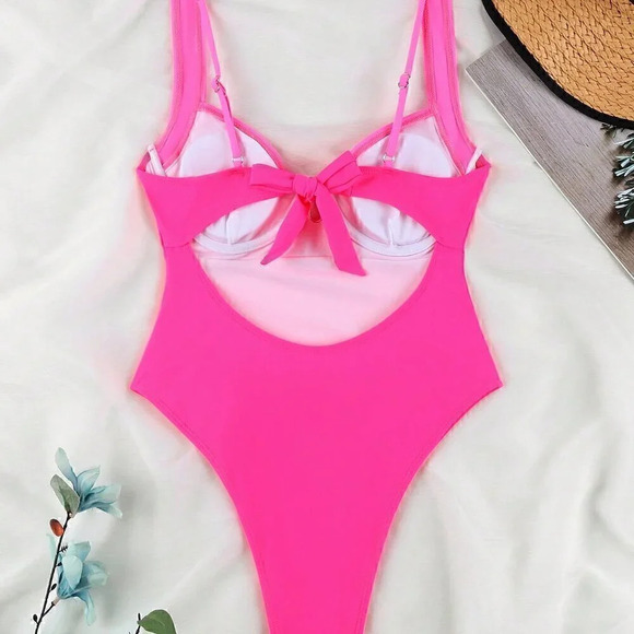 Pink Contemporary Women's European Sexy Spliced Color One-Piece Swimsuit - Picture 3 of 6